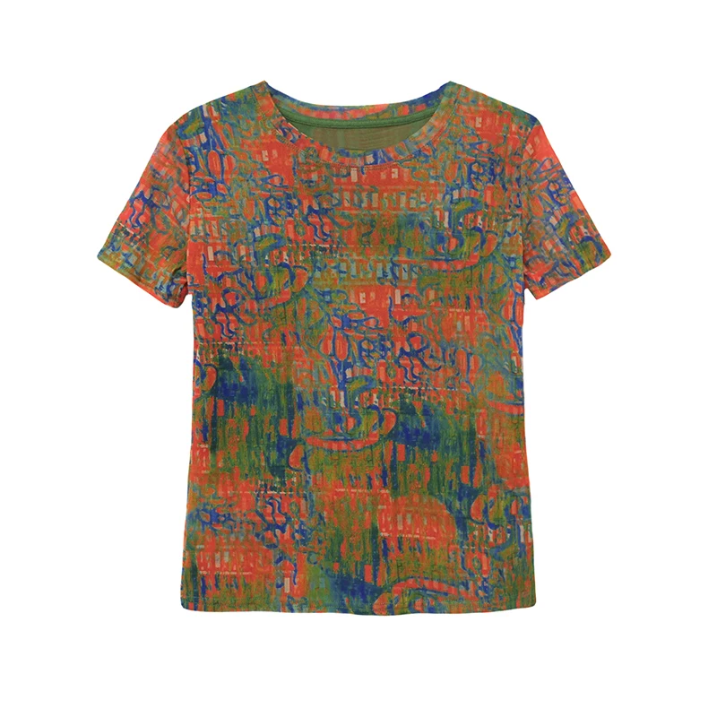 MadBlack-Women's European T-Shirt, Sexy O Neck Geometry Printed, Fashion Short Sleeve Slim Mesh S-3XL Tee, 2025 Summer T56635CC