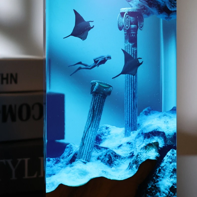

Cave Whale Diver Home Decoration Tabletop Piece Marine Art Handicraft Solid Wood Resin Lamp Birthday Gift