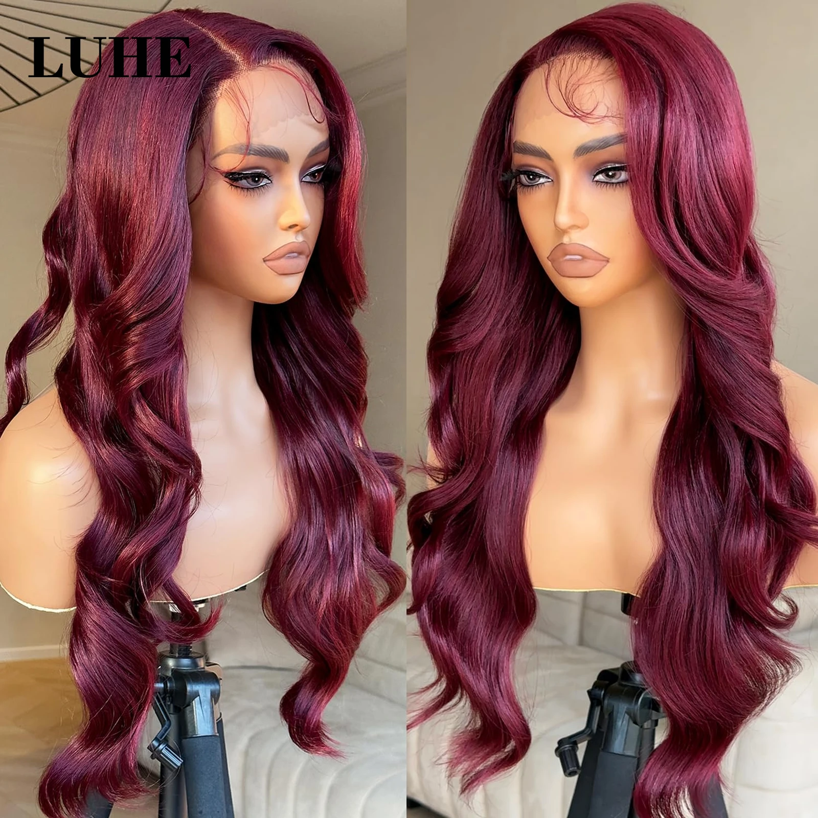 99J Burgundy Colored Wavy 13X3 Lace Front Wigs Long Body Wave Synthetic Hair Lace Frontal Wigs for Black Women Cosplay Daily Use