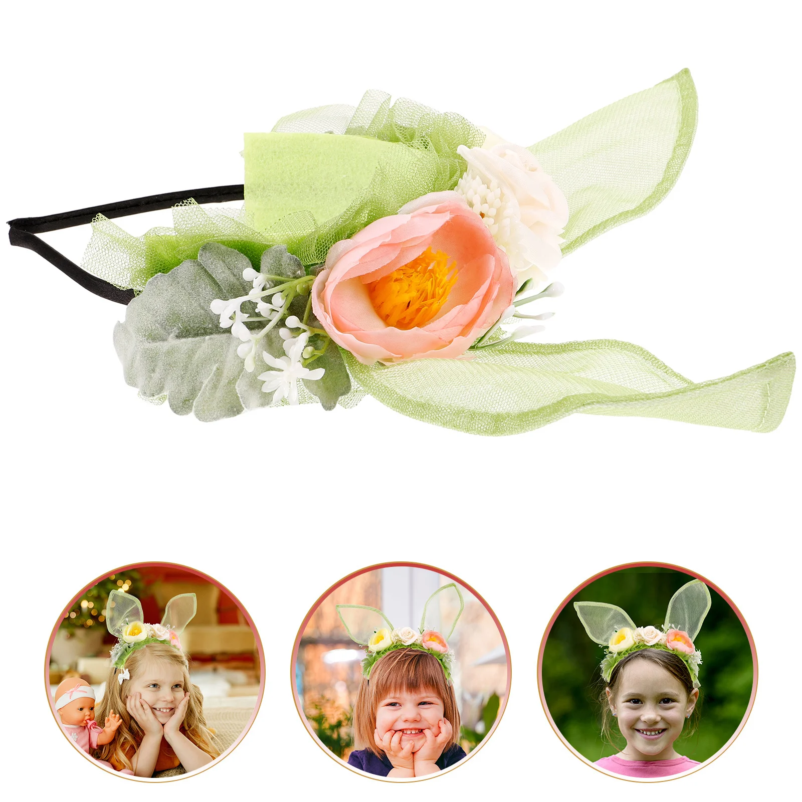 

Bunny Ears Headband for Women Floral Rabbit Ear Headpiece Fairy Party Hair Accessory Easter Cosplay Costume Band Sweet Cute Mesh