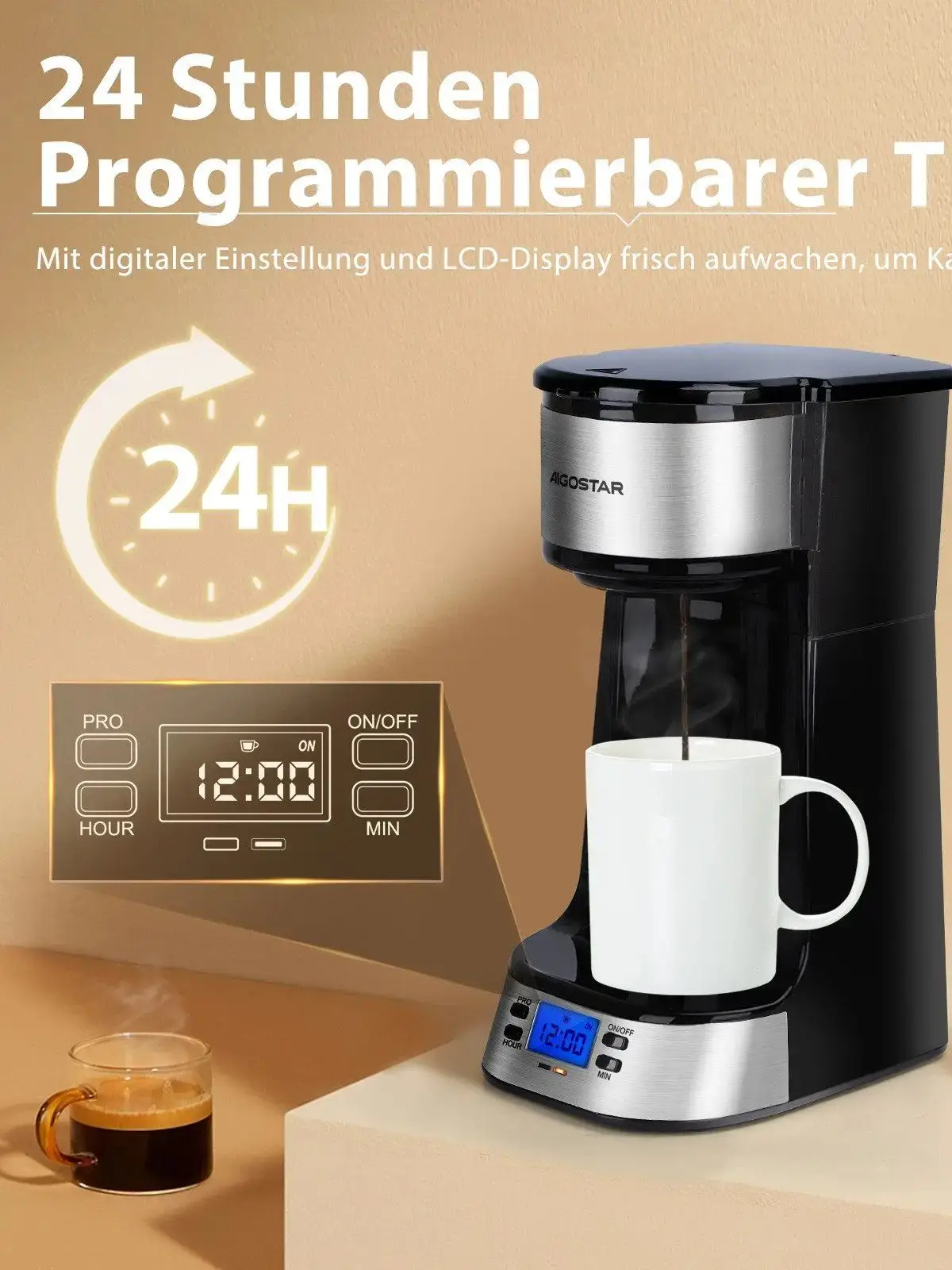 Aigostar Kaffeemaschine mit Thermobecher, 420 ml Filterkaffeemaschine Mit 24h-Timer, LCD-Anzeige, AutoClean-Funktion, Tragbare klein Kaffeemaschine für gemahlenen Kaffee, 700W, Schwarz