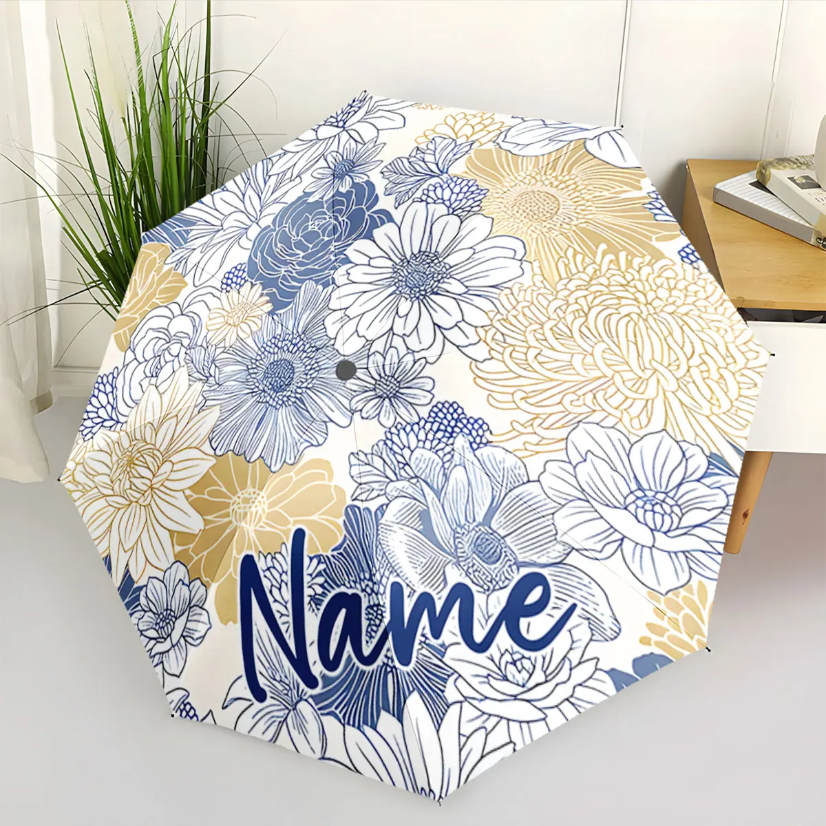 Custom Name Floral pattern umbrella with personalized text design Print 8 Iron Ribs Folding Umbrella Auto-Open Fashion Sunshade