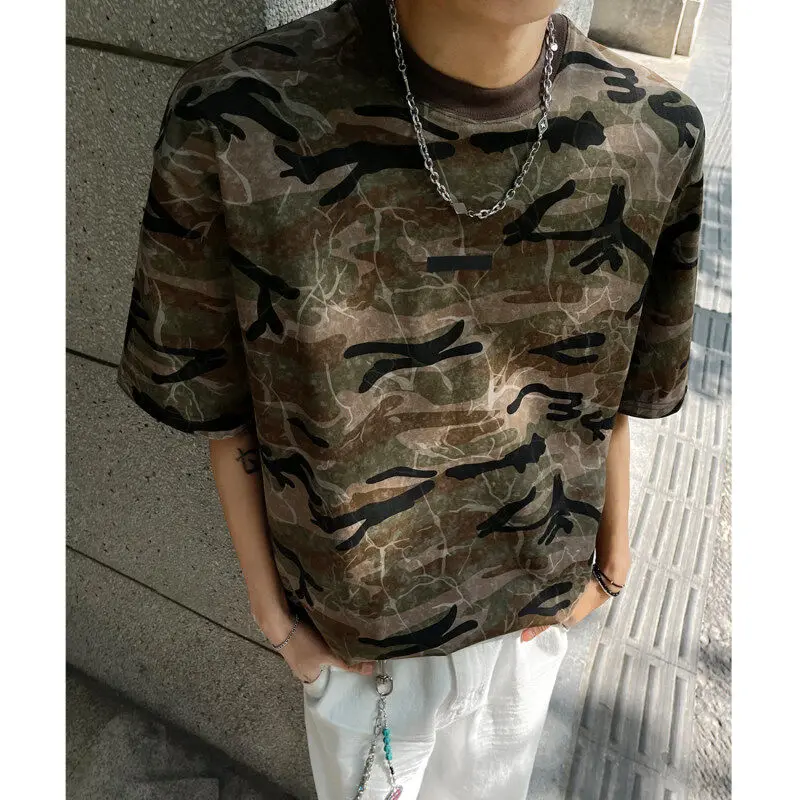 

American Sle Camouflage ort Sve T-irt ex Summer Trendy Vintage Heavy Design Five-Quarter Sve Loose Fit round ...