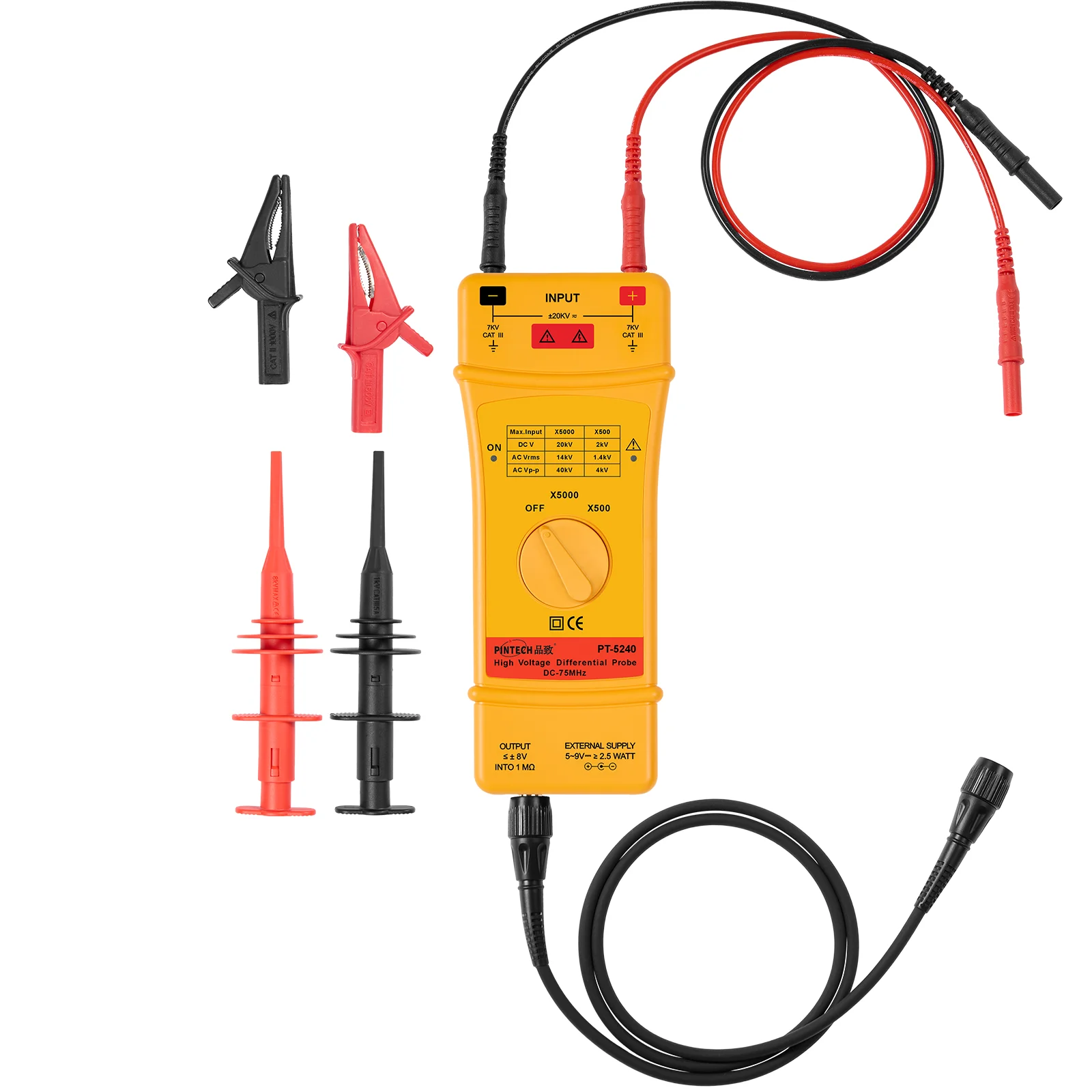 PINTECH PT-5240 High Voltage Differential Probe 40kV, 75MHz, 500X/5000X Attenuation Rate, Oscilloscope Probe Kit