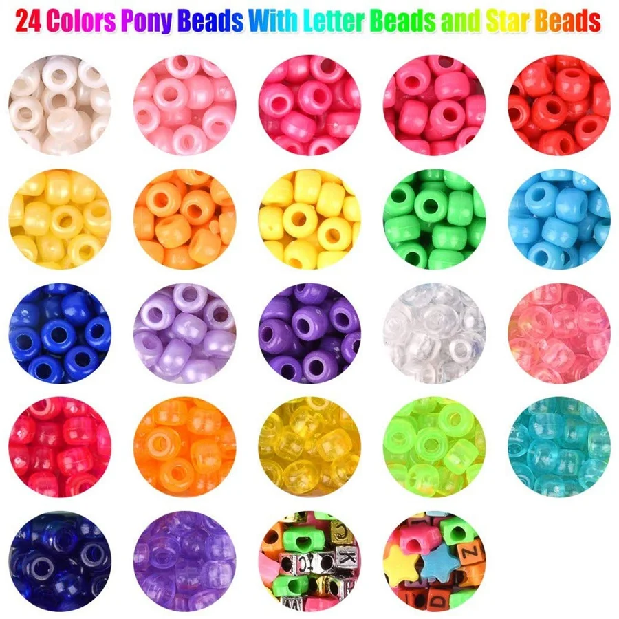 Multicolor Pony Beads for Bracelet Making, 3300 9mm Pony Beads 24 Colors with Alphabet Beads, Star Beads and Crystal Rope for Br