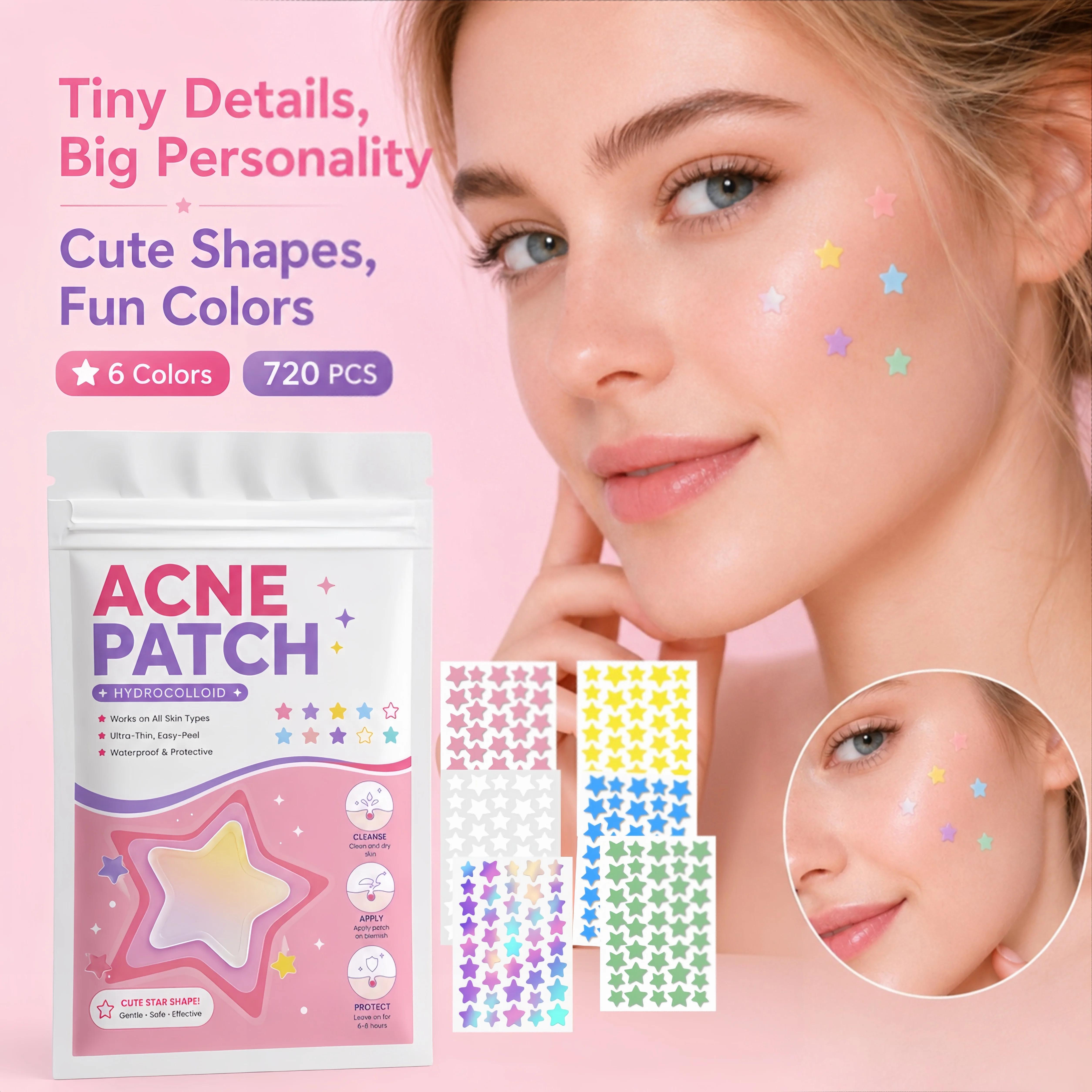 720PCS 18 Sheets Star Pimple Patches, 6 Color Hydrocolloid Face Stickers, Cute Spot Covers for Women Teens Daily Skin Care