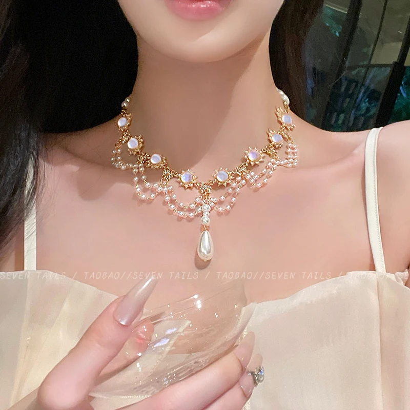 여성용 프랑스 화이트 문라이트 펄 태슬 목걸이, 레트로 헤비 인더스트리 디자인, 멀티 레이어 쇄골 체인, 라이트 럭셔리