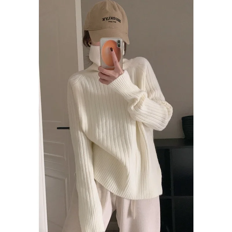 

Белый свитер с высоким воротником в вертикальную полоску для женщин на осень и зиму, новый свободный вязаный топ в ленивом стиле для маленьких людей