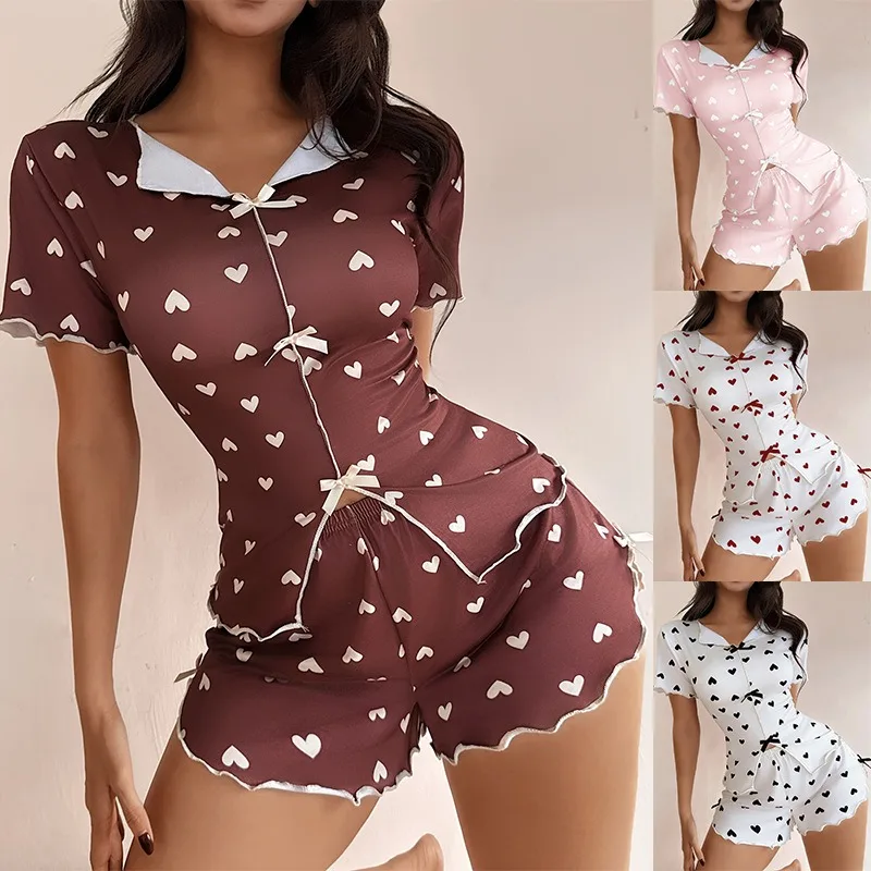 

New Summer Women's Pajamas with Love Printed Collar, Short Sleeve Bow, Slim Fit, Comfortable and Soft Women's Home Clothes
