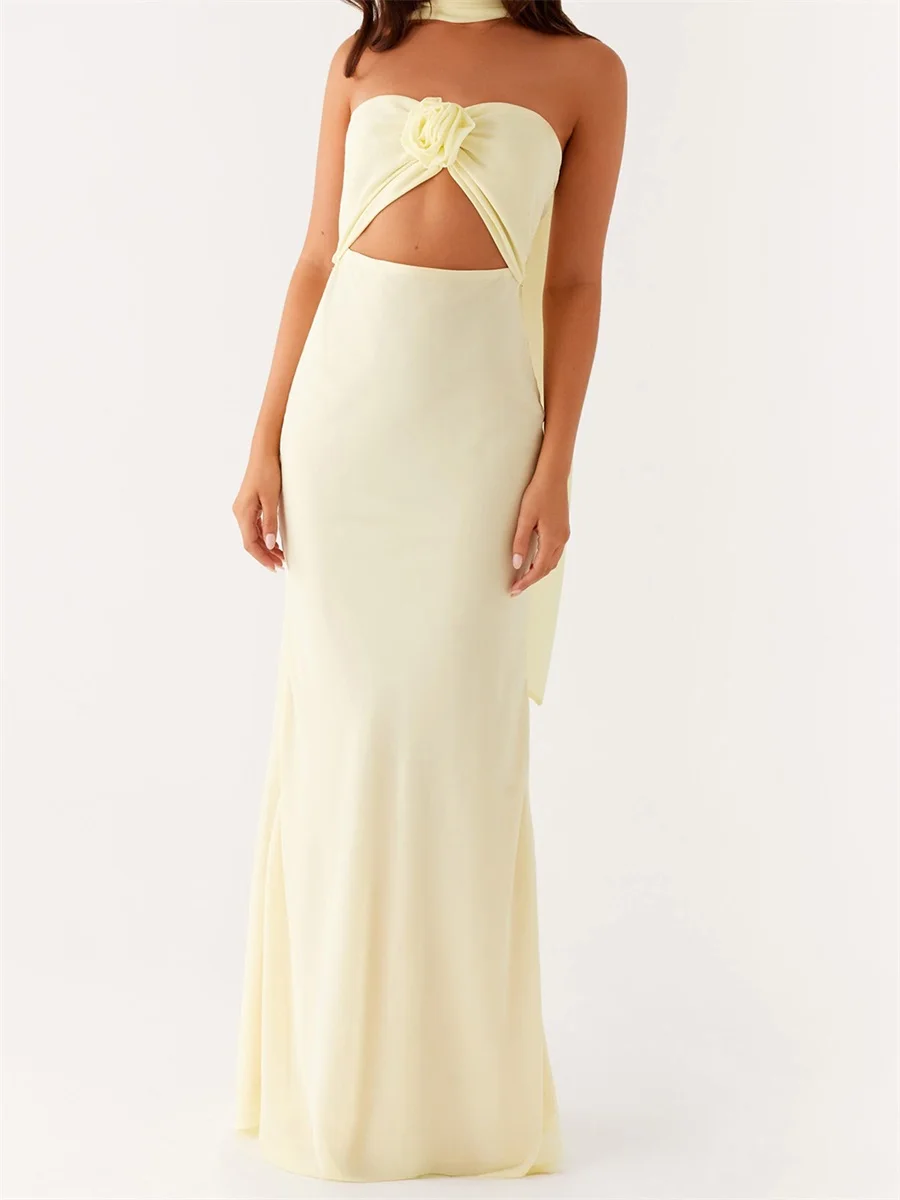 Abito a fascia da donna con stampa floreale con ritaglio sul davanti e sciarpa abbinata - Abito maxi estivo senza maniche con spalle scoperte