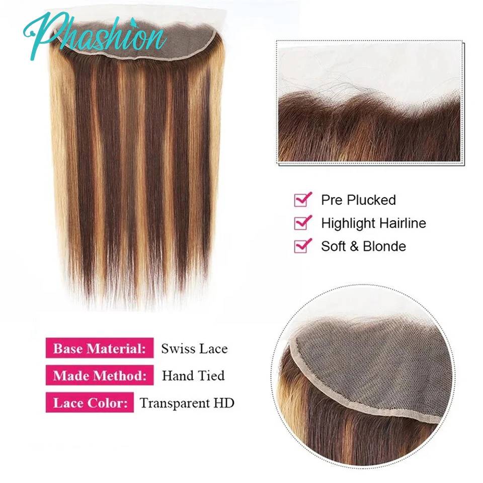 Phashion 28 26 Inch Highlight 13x6 13x4 Lace Frontal Straight HD Transparent P4/27 6 by 6 5x5 4x4 2x6 Closure 100% Human Hair