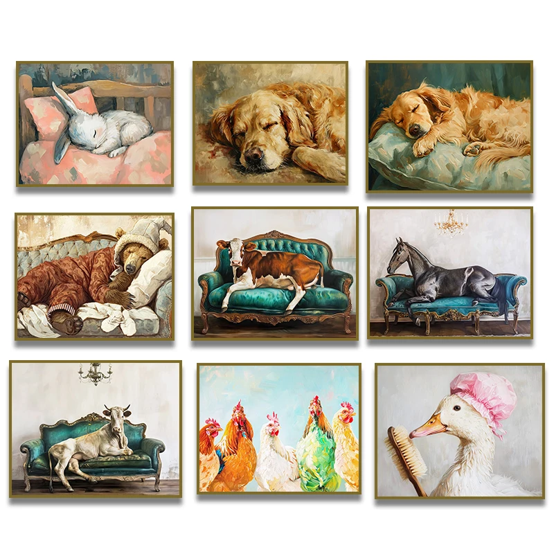 لوحة دجاج بقرة دب لطيف عتيق ، مسترد ذهبي ، قماش أريكة على الحصان ، جدار فني مطبوع ، غرفة أطفال في المزرعة ، ديكور منزلي