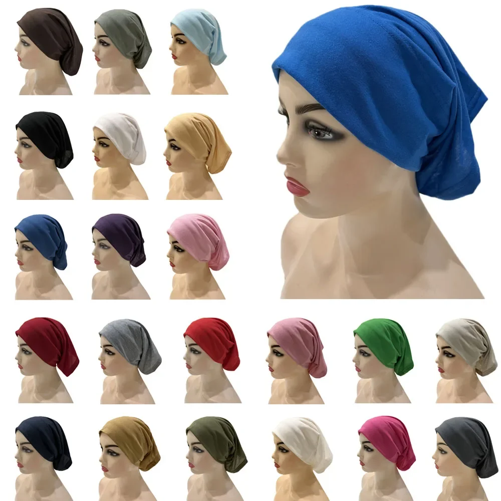 Plain Cotton Tube Hats Underscarf Muslim Turban Pure Color Stretch Inner Hijabs Women Head Scarf Under Hijab Long Hair Bonnet