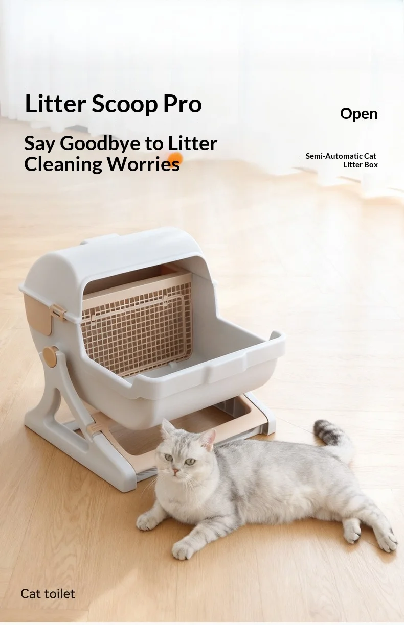 Halbautomatische, schaufelfreie Katzentoilette, große, geschlossene Toilette für Hauskatzen, ganzjährig einfach zu reinigen, Geruchskontrolle – Detail 1