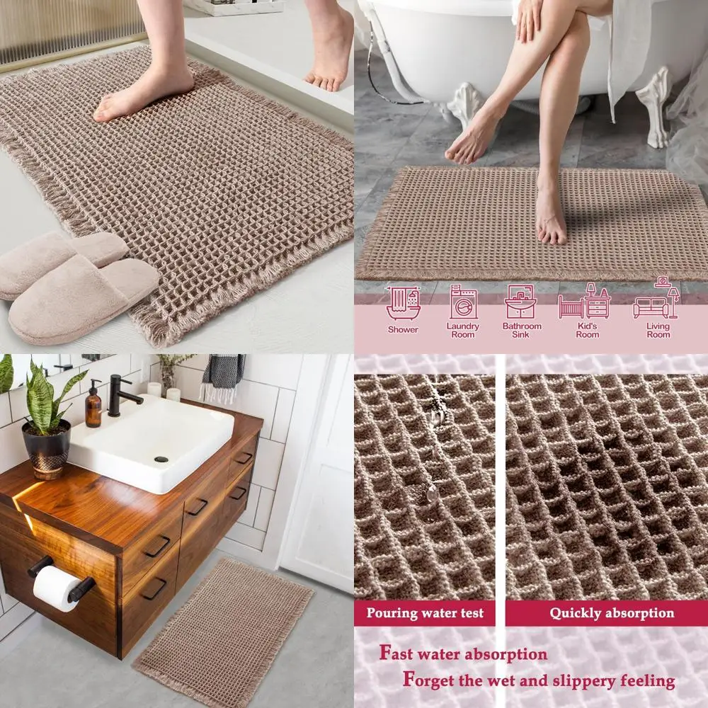 Alfombra de baño tipo gofre color canela, alfombra de baño antideslizante súper absorbente, marrón 17x24 pulgadas, alfombrillas ultra suaves lavables a máquina