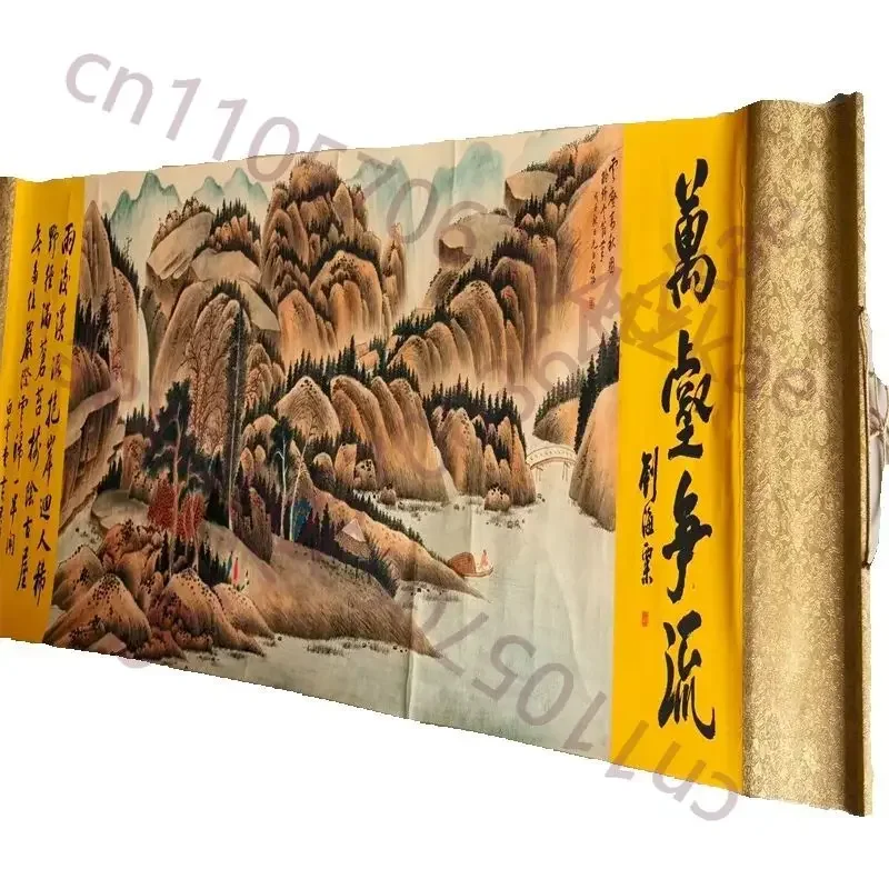 China Old long Horizontal scroll, Qi Gong's watercolor painting Autumn Creek Smoke Scene