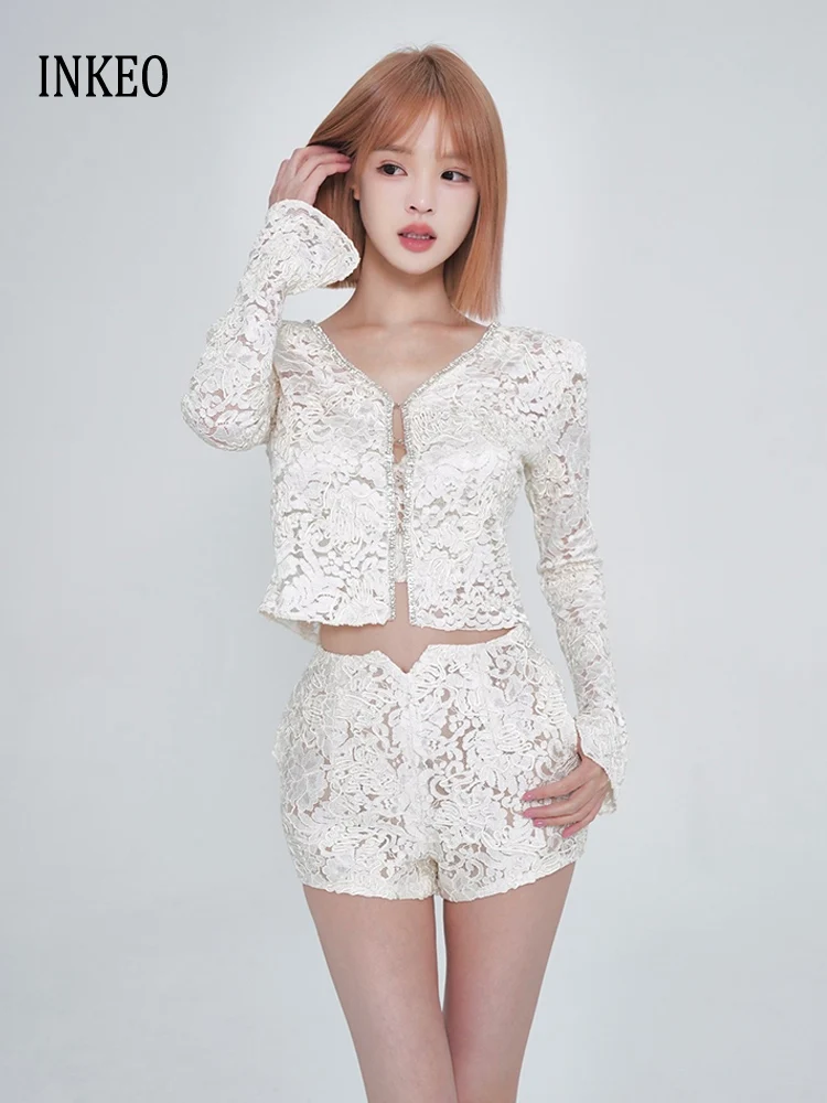 

High street Women's lace 3 piece set 2025 Summer Beige Long sleeve crop jacket Sexy Corset and High waist short Slim INKEO 5D014