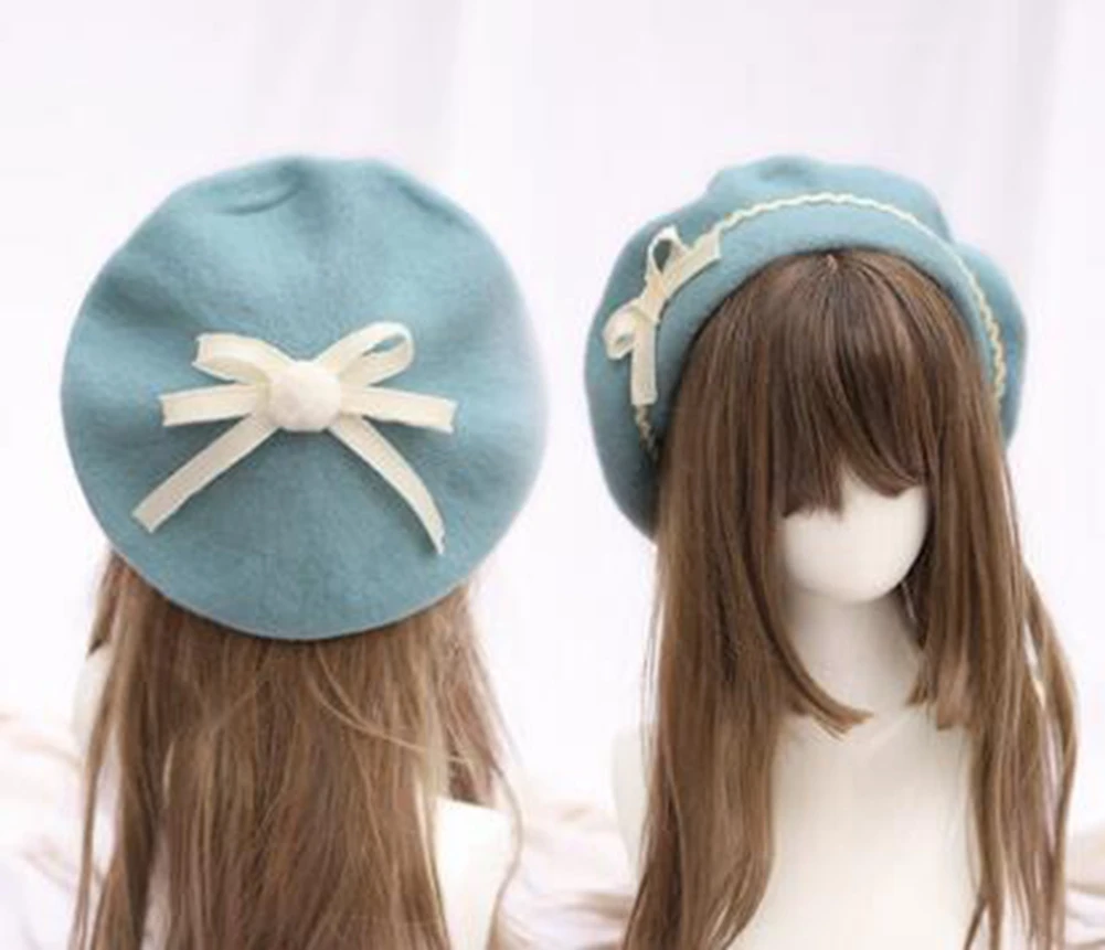 Niedliche Lolita-Baskenmütze für Damen, lässige Mode, koreanische Wolle, Schleife – Detail 6