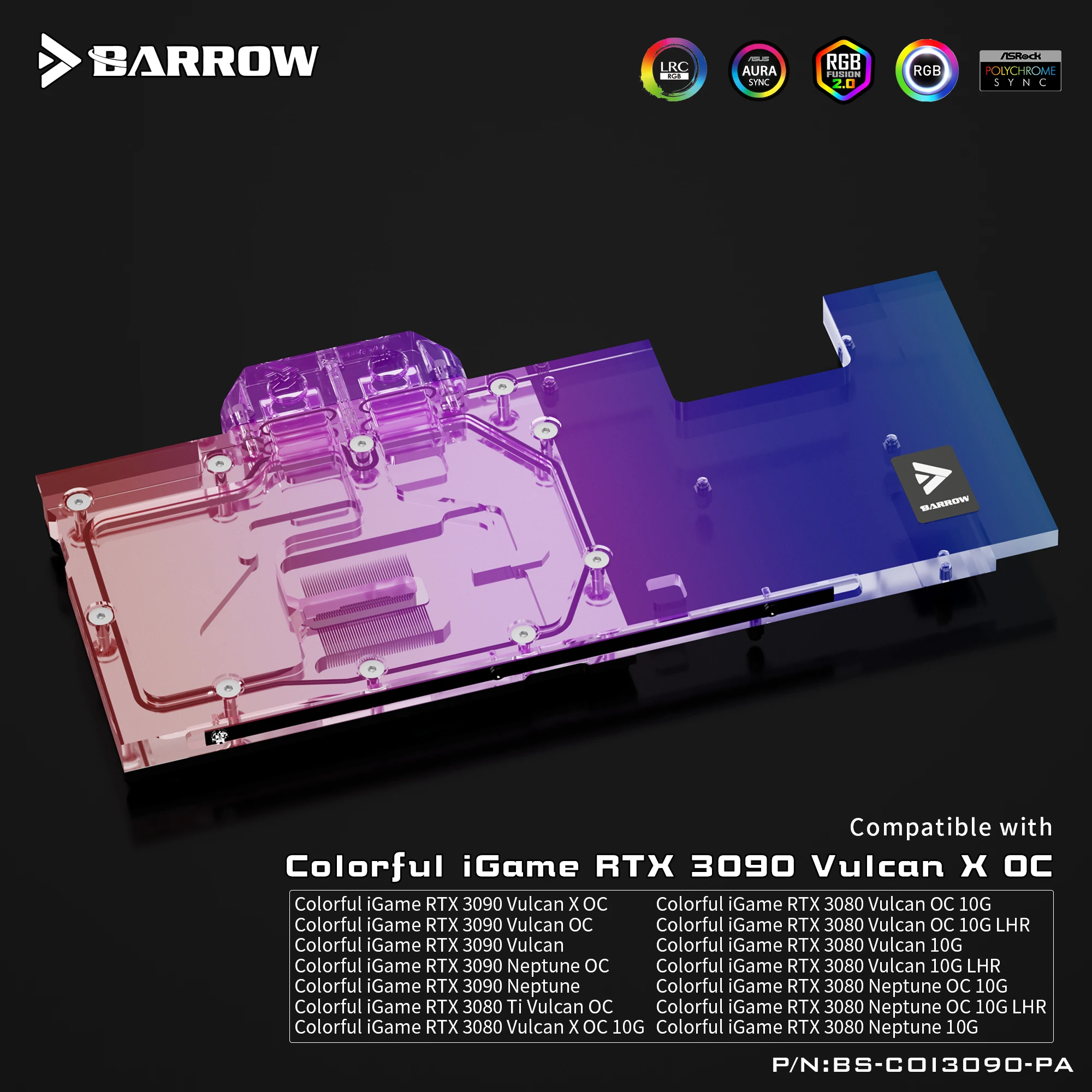 

Водяной блок BARROW BS-COI3090-PA для красочных iGame RTX 3080 TI 3090 Vulcan X OC/Neptune OC, карта графического процессора, полное покрытие, медный радиатор