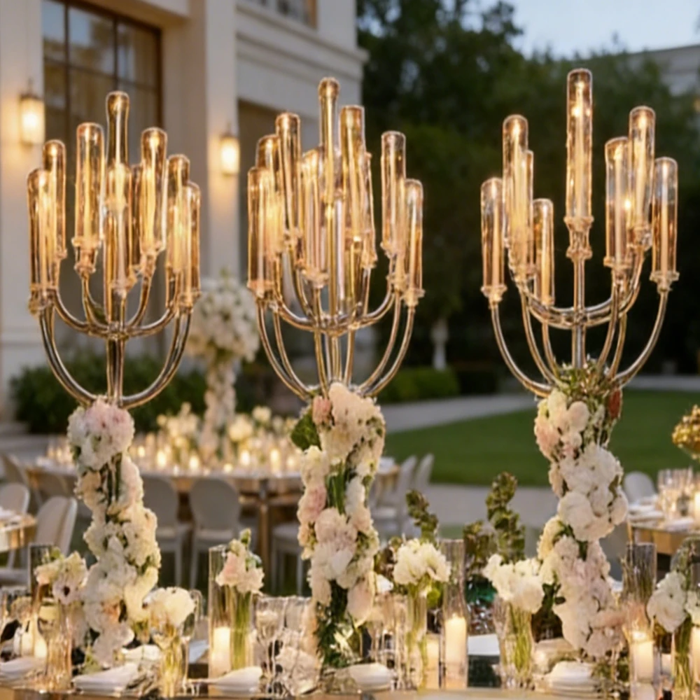 1-10pcs Wedding Table candlestick Centerpieces，Tall Transparent Acrylic Cylinder floor backdrop Candelabra 13 Arms For Event tab