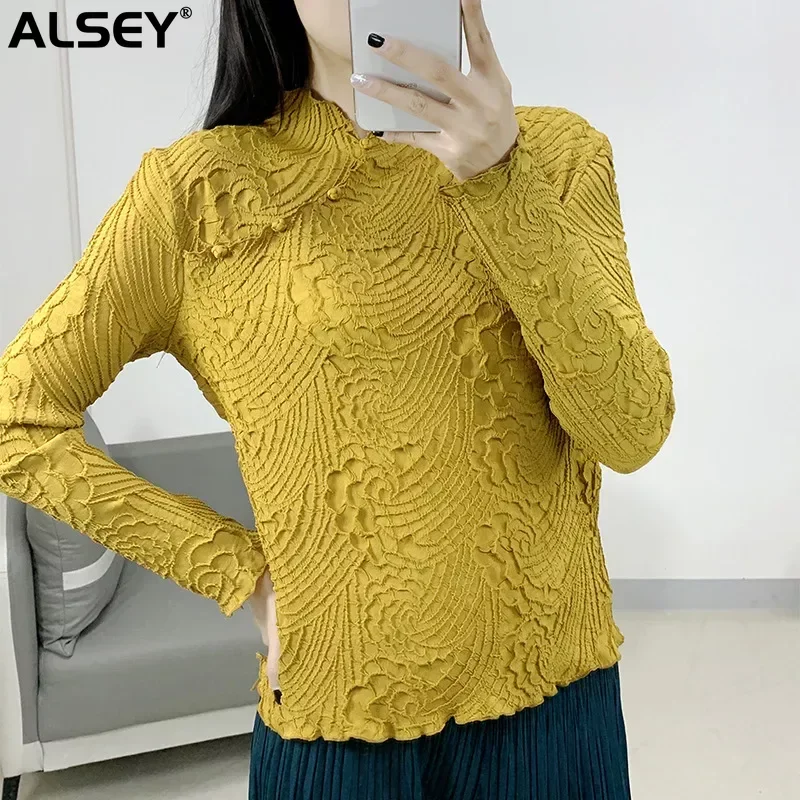 

ALSEY Miyake Pleated New Pleated Chinese National Wind Plate Buckle Long-sleeved T-shirt Women's Bottoming Outside Slim Top