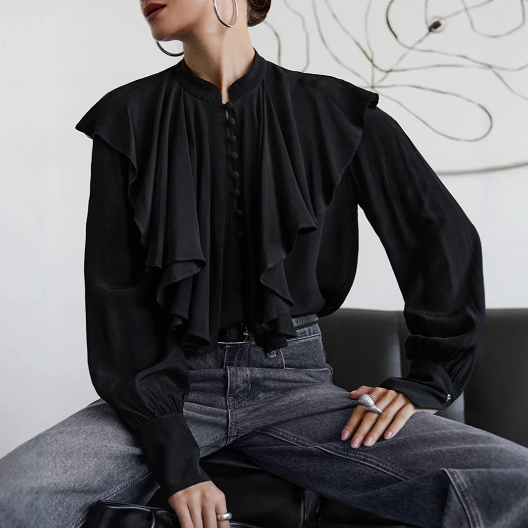 

Черная осенняя женская шифоновая рубашка с воротником-стойкой и рюшами, свободный крой с длинными рукавами, женская верхняя одежда Bloue для поездок на работу Oddice