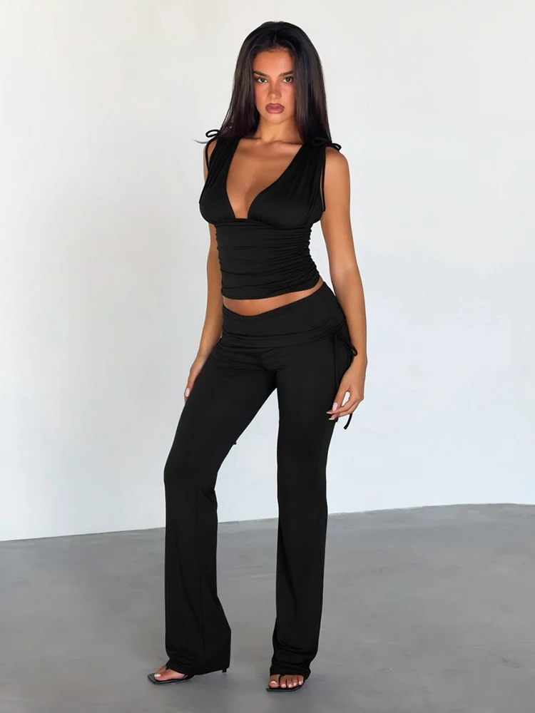 

SIsterlinda Fashion 2 Piece Set Woman Casual Shirring Decoration V-Neck Crop Tops+Ruched Elastic Waist Long Pants Elegant Suit
