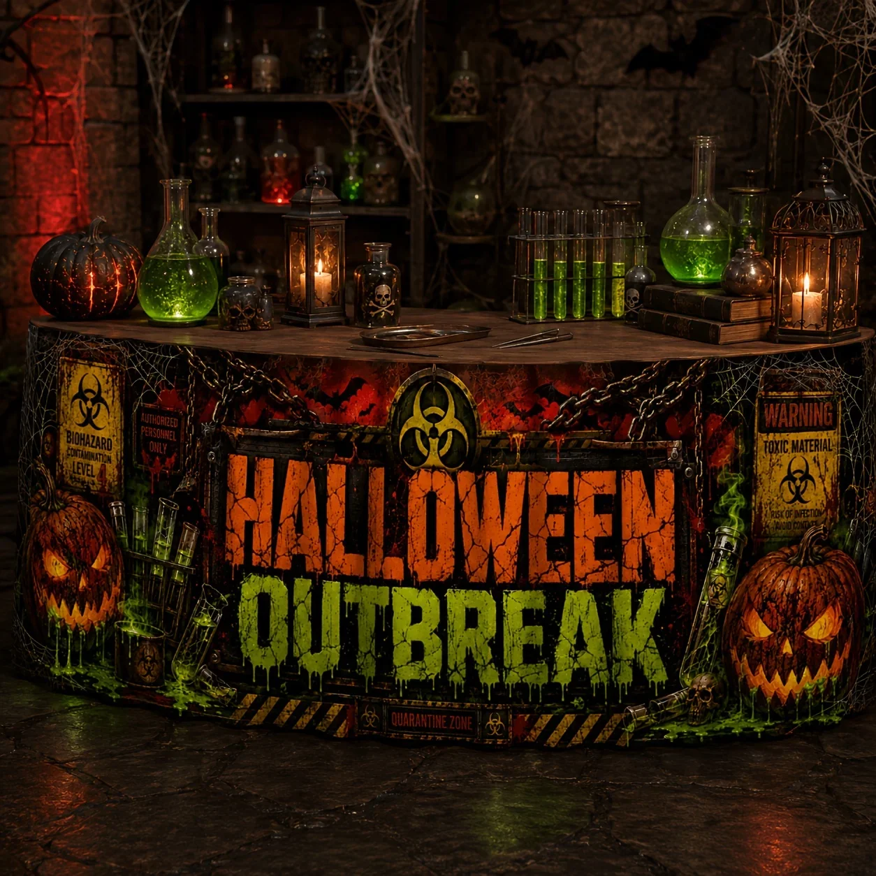 1 piece of Halloween outbreak printed table skirt. Biohazard warning is applicable for the armor ball. Goth style.xzj