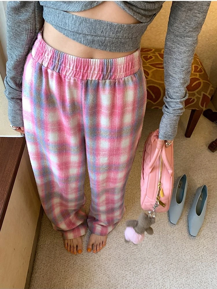 

2025 Women's Trendy Pink & Blue Plaid Wide-Leg Pants - Elastic Waist Soft Fabric, Korean Sweet Edgy Casual for Autumn Winter
