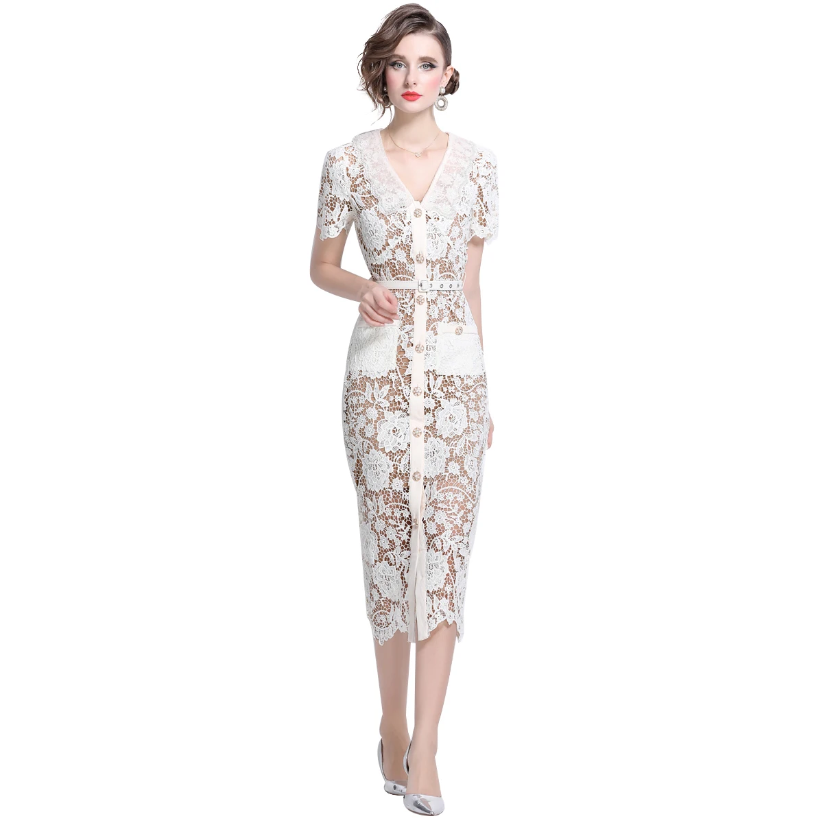 Quality Women Dress Summer Holiday Short Sleeve Beading Diamonds Embroidery Lace Pencil Party Prom Evening Midi Long Dresses