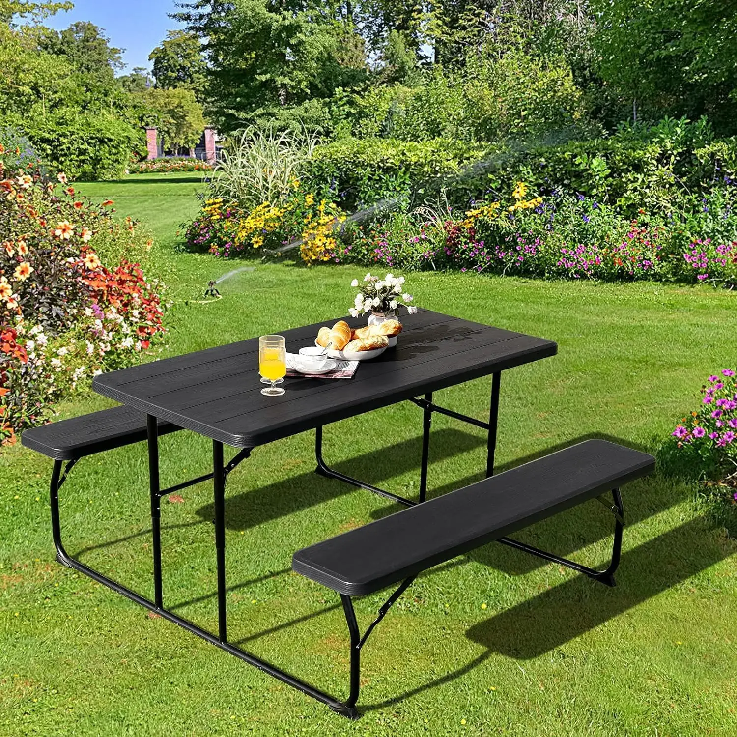 Foldable Picnic Table with Benches, Rectangular Camping Table Set with Metal Frame, Folding Indoor Outdoor Dining Table Set for