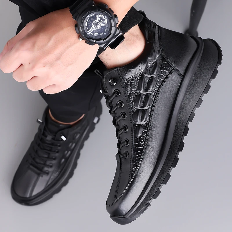 Fashionable Lace Up Warm Cotton Shoes with Fleece Winter Men's Genuine Leather Crocodile Pattern Northeast Cashmere Snow Boots