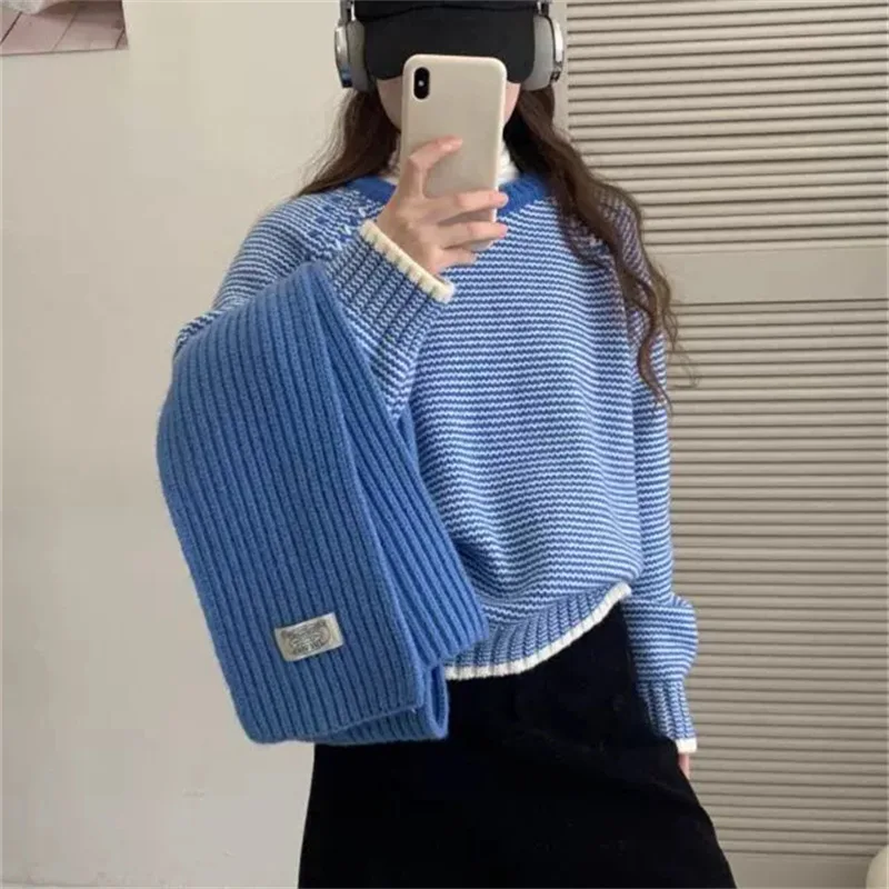 

Autumn Winter Pullover Artistic Top Fashionable Commute Style Urban Trend Laid-back Striped Knitwear Women's Loose Outerwear