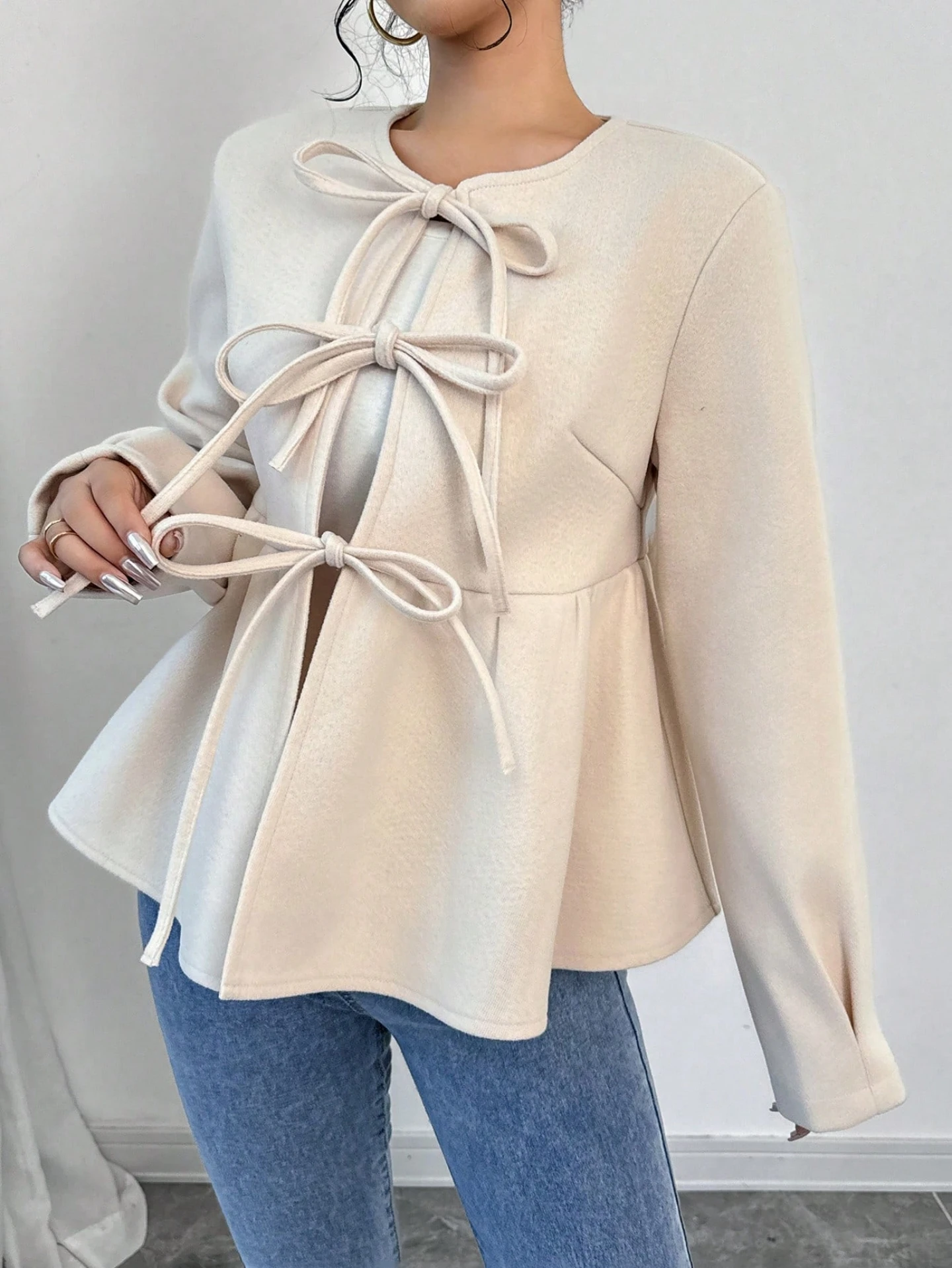 여성용 스위트 보타이 허리끈 숏 코트, 빈티지 스타일 라운드넥 벨 슬리브 슬림핏 울 코트