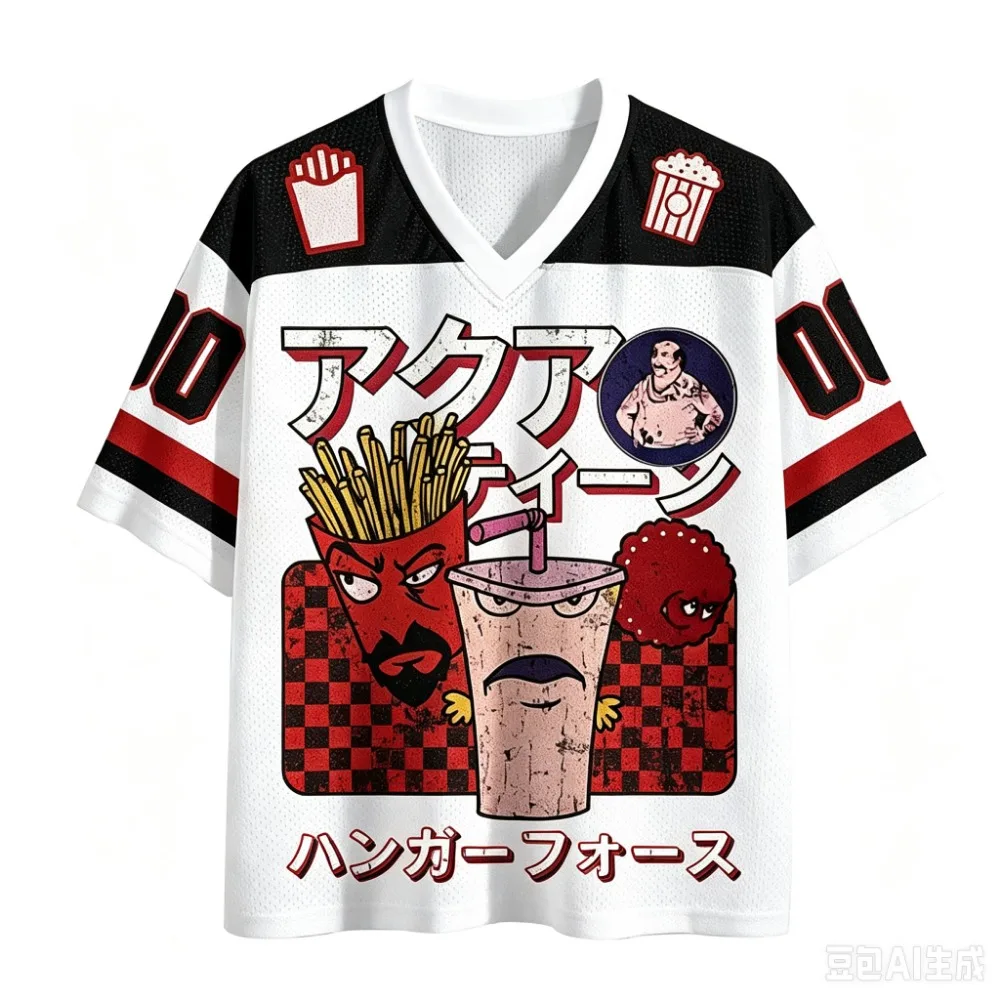 Y2K Cartoon Fast Food Pattern 3D Print Men Sport V-neck T-shirt Outdoor Street Casual Fashion Quickdry Breath Parent-child Cloth