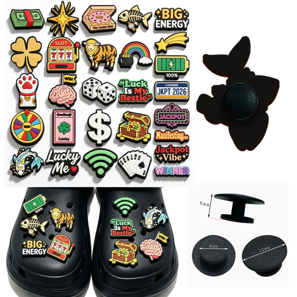 28-116 Pièces Ensemble de Breloques Porte-Bonheur pour Crocs en PVC, Motifs Trèfle à Quatre Feuilles, Poisson Koi, Jackpot, Argent, Fortune, Décorations, Cadeau