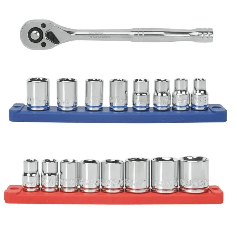 

19-Piece 3/8-inch Drive Ratchet and Socket Set with SAE and Metric Sizes, Durable Chrome Finish, Ideal for Automotive Repair an