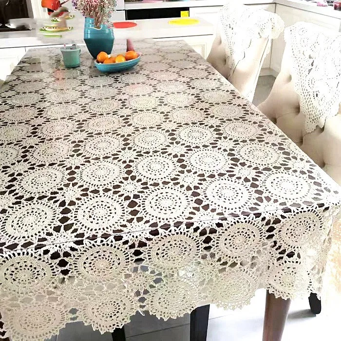 Rectangular Hollow Out Tablecloth Beige Rural Retro Crochet Dining Table Cover Lace Square Tea Table Cloth Soft Table Flag