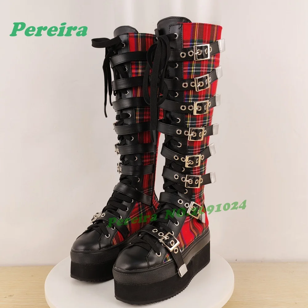 Colorblock Platform Plaid Gothic Knee High Boots Round Toe Height Increasing Multi-Buckled Women's Long Boots Lace-Up Punk Shoes