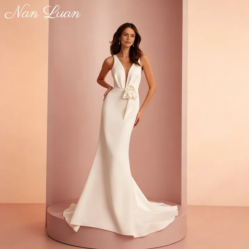 26 Styles Deep V Backless Satin Mermaid Wedding Dress 3D Floral Waist Chapel Train Vestidos de Novia Customized