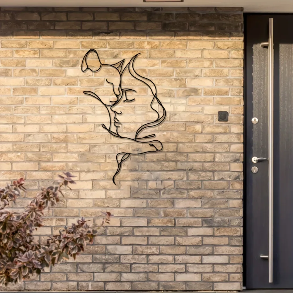 لوحة فنية معدنية أنيقة على شكل قطة وامرأة ، صورة ظلية سوداء بسيطة ، مثالية لمحبي القطط ، ديكور منزلي متطور