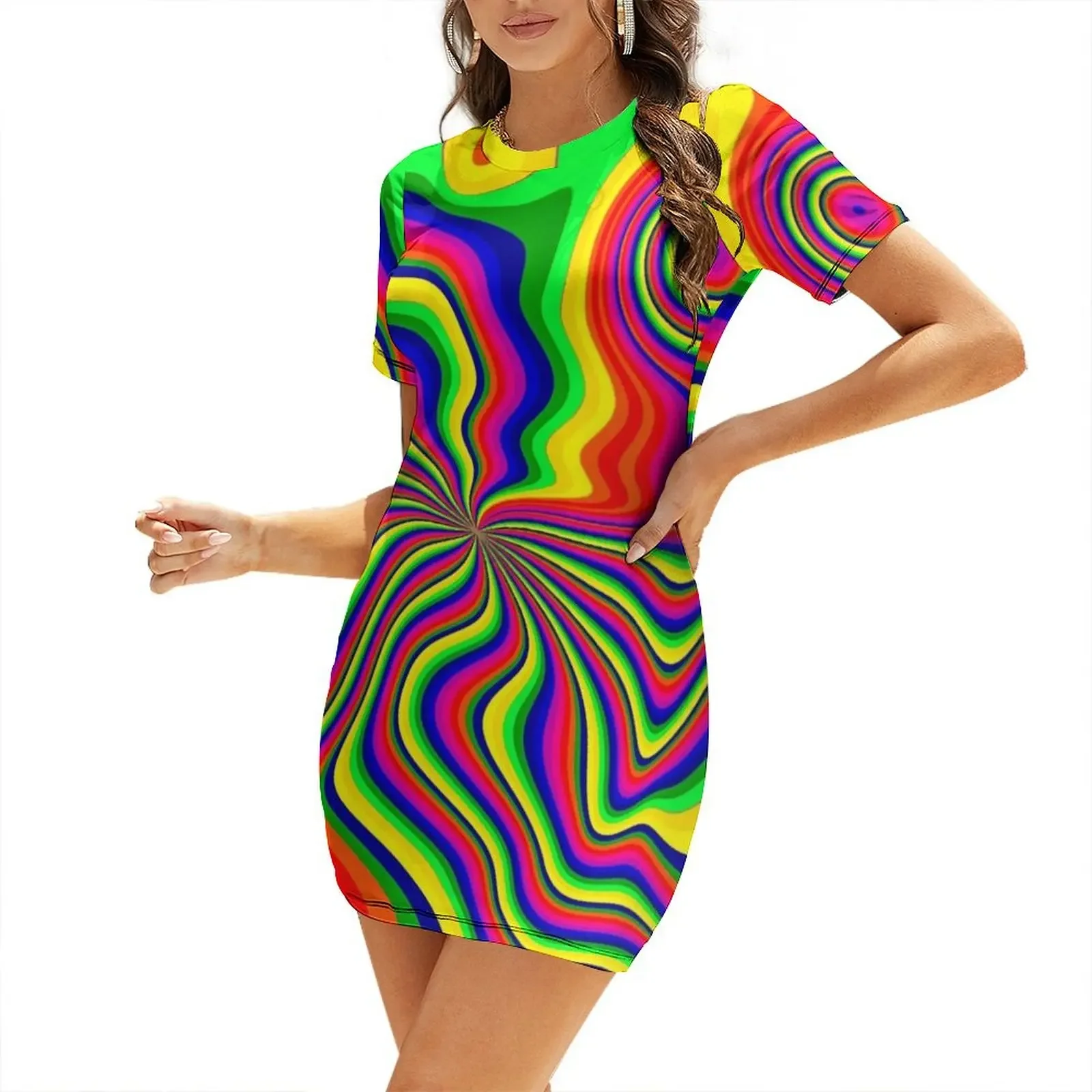 

Psychedelic Groovy Colorful Pattern Short-Sleeved Dress Elegant gown Women's dress Dress woman dresses summer