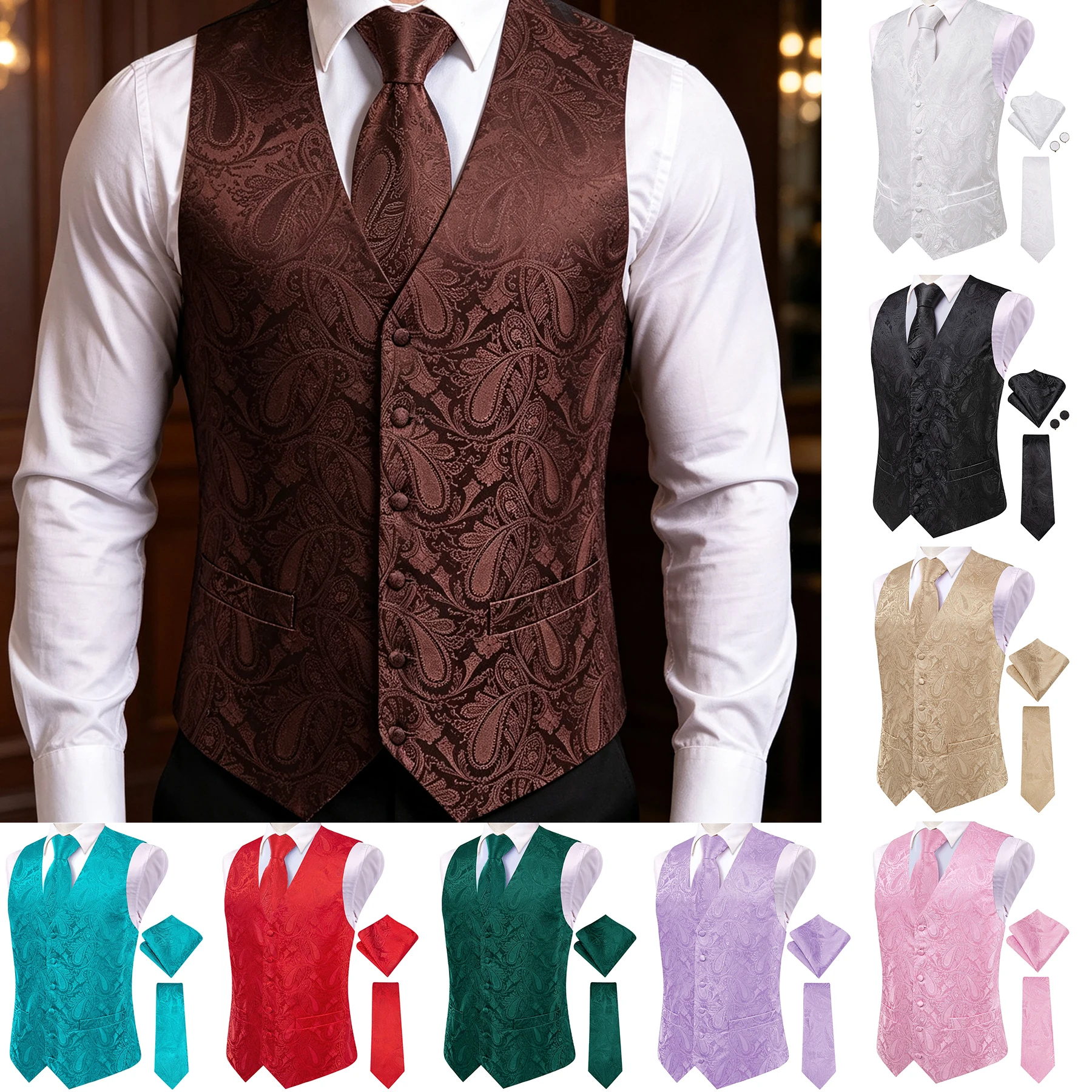 Men's Paisley Jacquard Green Purple and Pink V-Neck 6-Button Suit Vest with Tie Pocket Square Cufflinks 4-Piece Set for  Wedding
