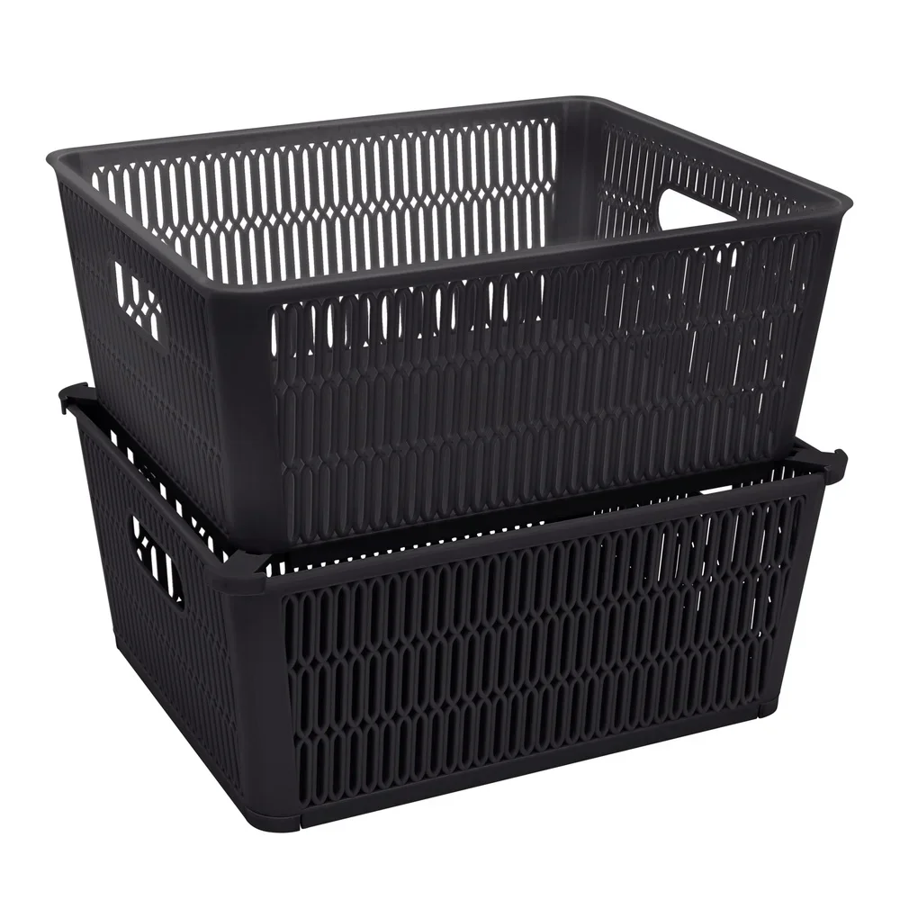 Slide 2 Stack It Plastic Storage Tote Baskets 2 Pack Stackable Organizing Bins with Handles Maximize Storage Space Home