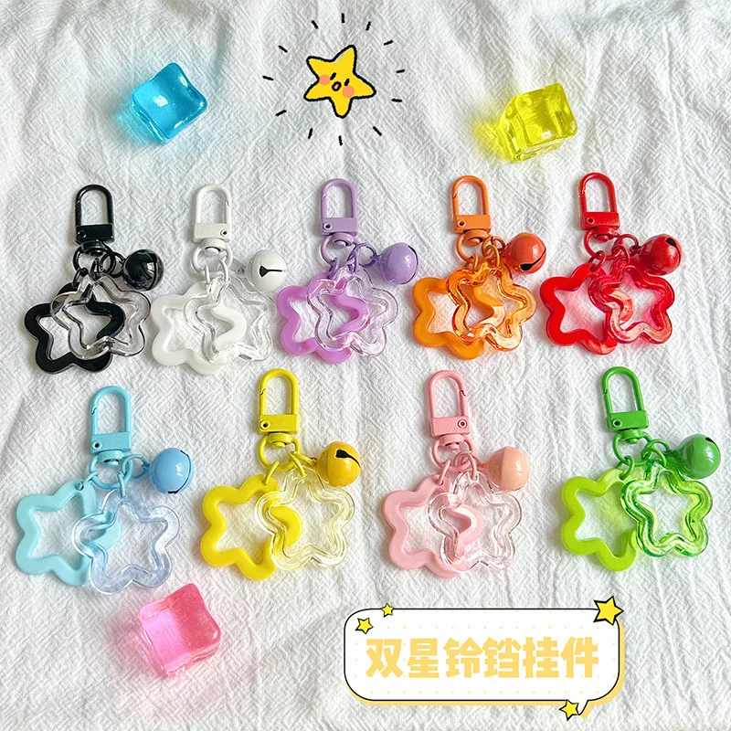 2PCS Five pointed Star Bell Pendant Keychain Elegant Candy Color Bag Keyring Jewelry For Women Car Hanging Trinket Key Holder