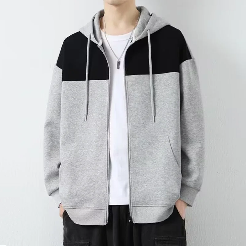 Autumn Winter Mens Fashion Minimalist Versatile Hooded Cardigan Sweatshirt Classic Loose Patchwork Casual Sports Jacket
