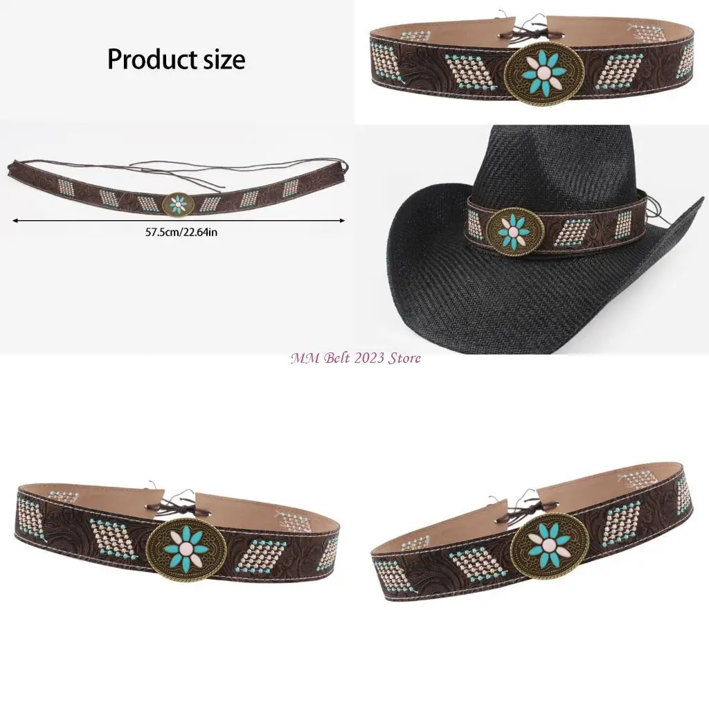 49ME Ethnic Western Hat Belts for DIY Cowboy Hat Embroidery Decoration for Straw Felt and Fedoras Hats Replacement