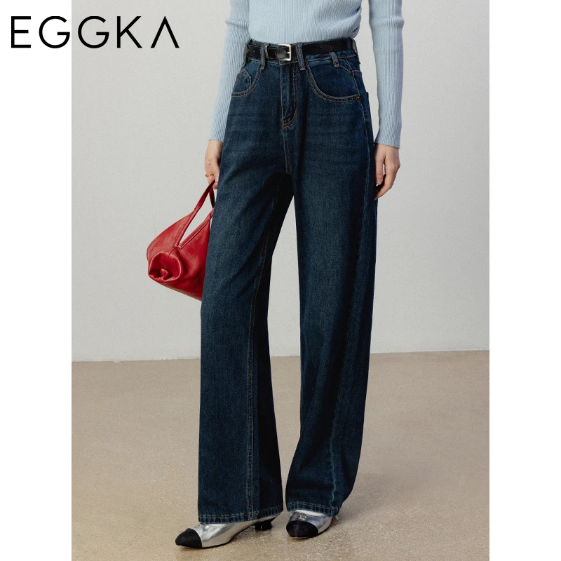 Eggka Blue Straight Jeans Women\'s 2024 Autumn Simple Slim Versatile Jeans High Waist Office Lady Trousers Female Casual Pants