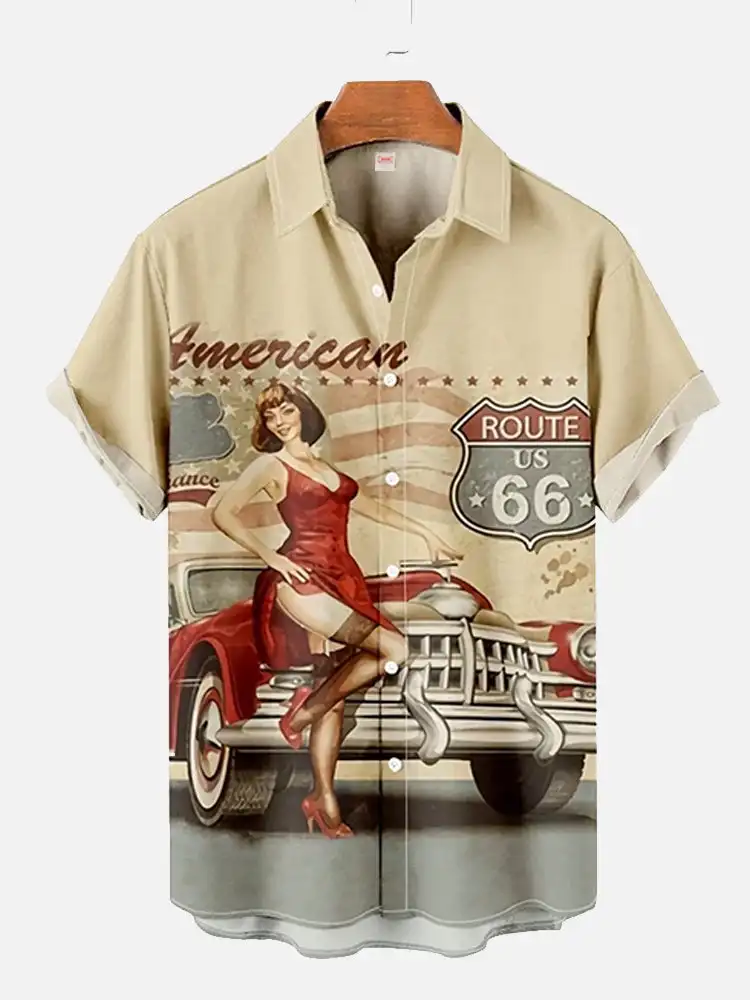 1970S-1980S Vintage Pin Up Girl Poster Hawaiian Beach Cowgirl Printed Short Sleeve Shirt Fashion Retro Car Shirt For Men Hrajuku