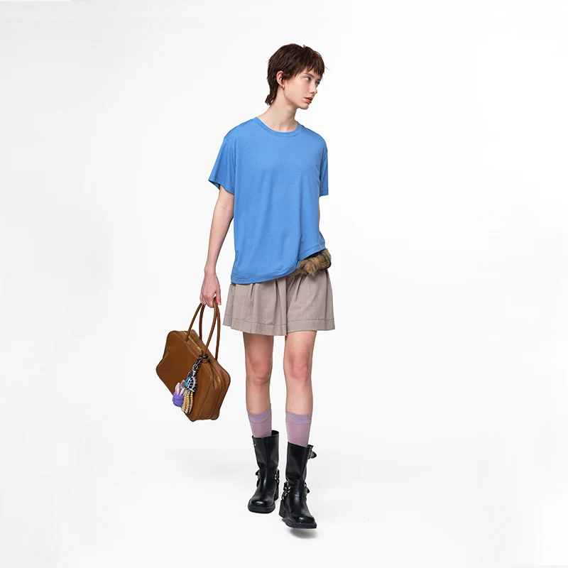MOVEUP Short Sleeves Round Neck T-Shirt 2026 Summer New Solid Color Drop Sleeves Irregular Hem Loose Casual Top Women 3EWX10552